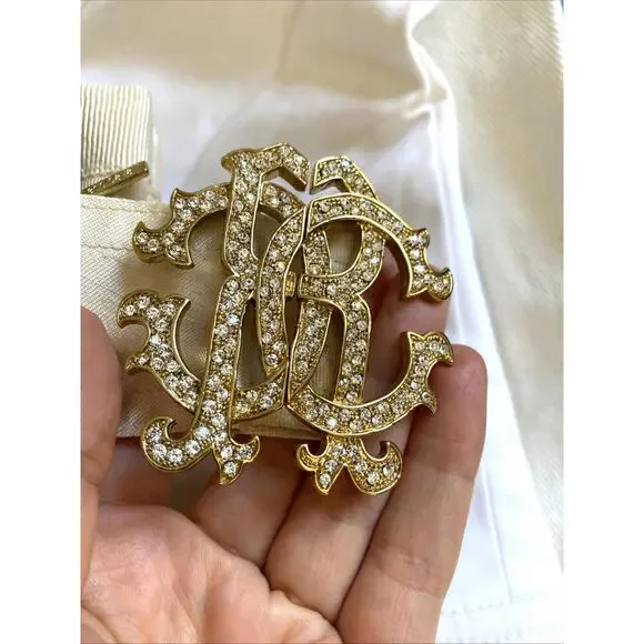 Vintage Roberto US-2 Cavalli Cream Silk Rhinestone Brooch Belt Pants IT-38 Small - Picture 9 of 9
